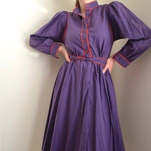 vintage 1970s purple & red polka dot prairie long sleeve half button down dress